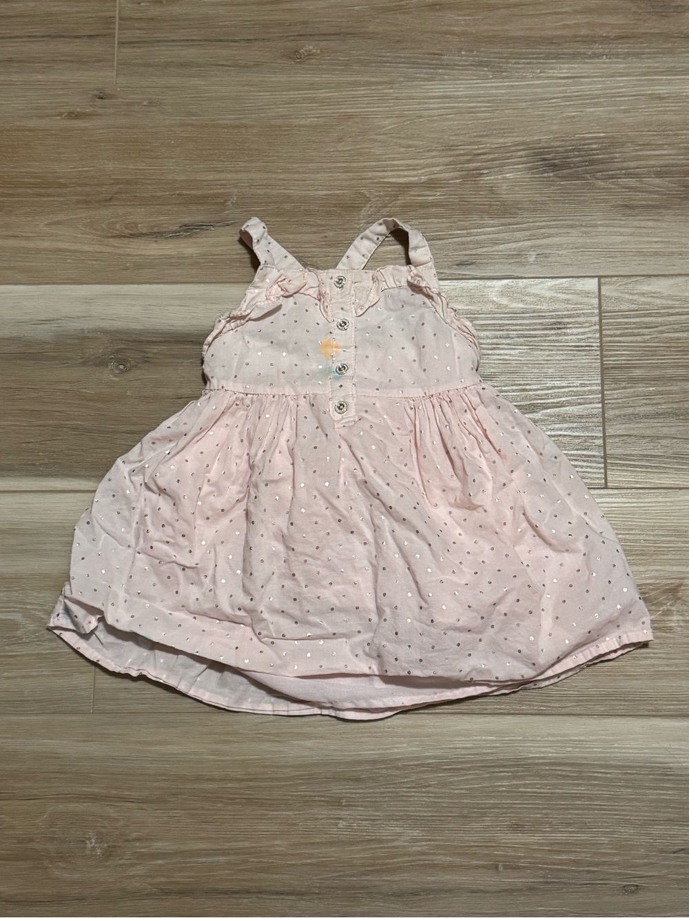 Rachel Zoe Baby Girl Pink Metallic Polka Dot Cross Back Dress Size 18M STAINED